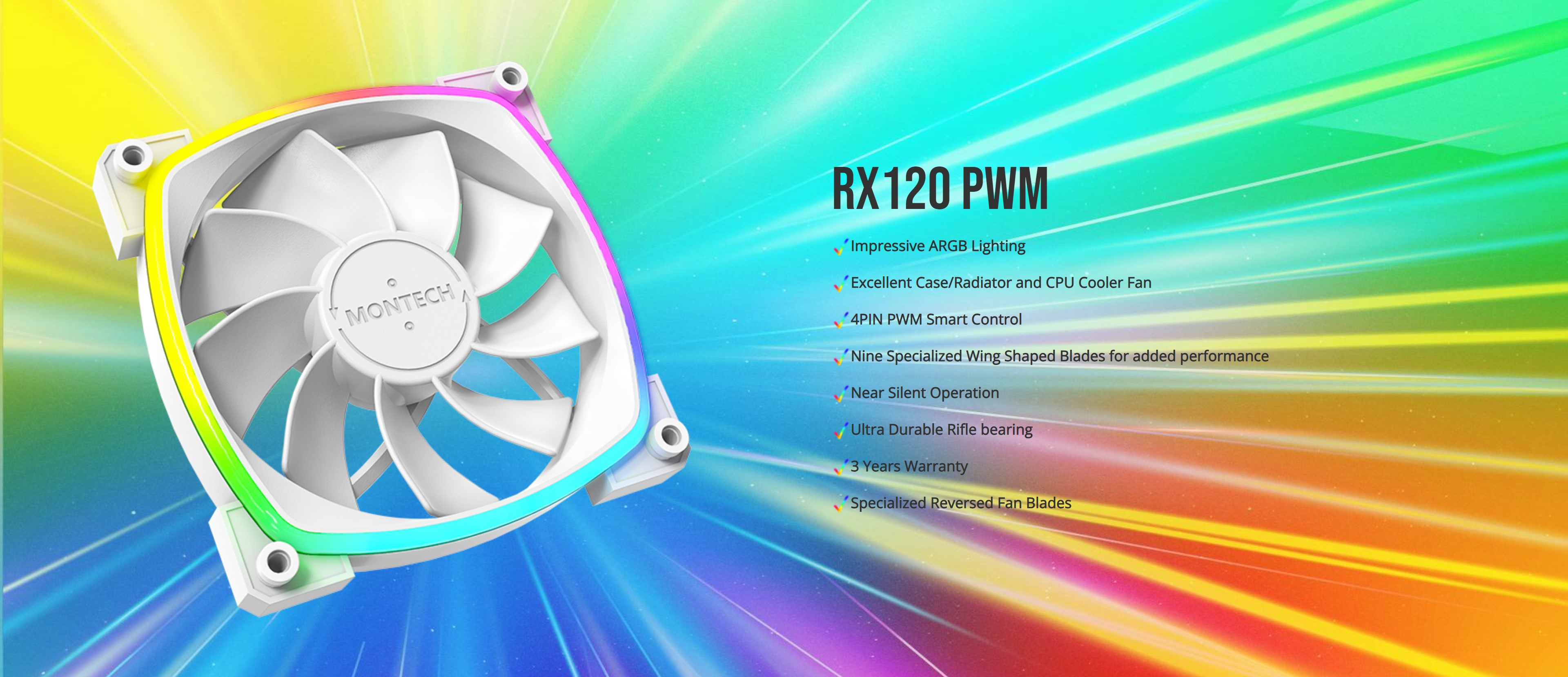 A large marketing image providing additional information about the product Montech RX120 - ARGB PWM 120mm Reverse Blade Fan (White) - Additional alt info not provided